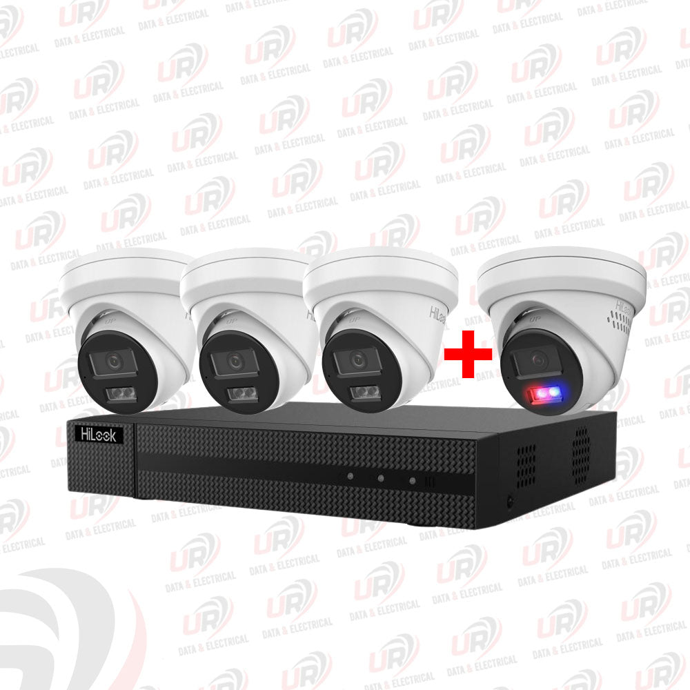 HiLook 4 Camera CCTV Kit | 3× T381H-MU 8MP + 1× T289-MU/SL 8MP Colour Deterrence | 4CH PoE NVR