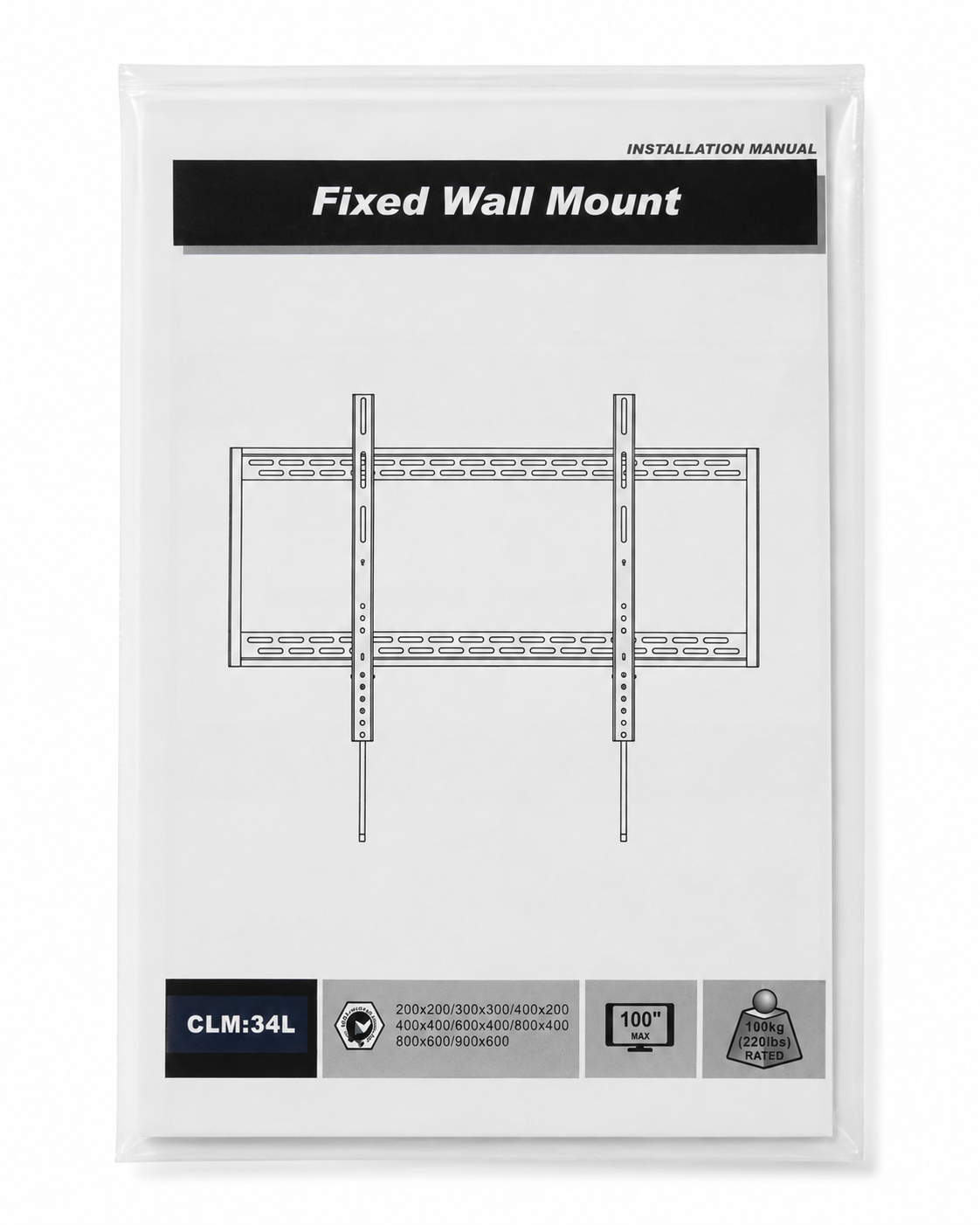 CLM-34L Heavy Duty Fixed TV Wall Mount Bracket up to 100" | 100kg VESA 900x600mm