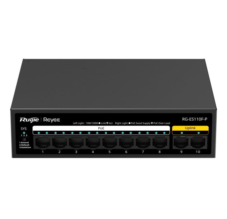 Ruijie Reyee RG-ES110F-P 10-Port PoE Switch | 8 × PoE+ Ports | 110W Budget | 250m CCTV Transmission