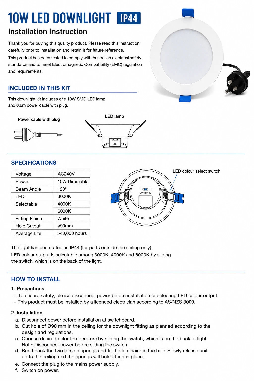 10 x 10W LED Downlight Tri Colour Dimmable Recessed Ceiling Light IP44 90mm Cut Out